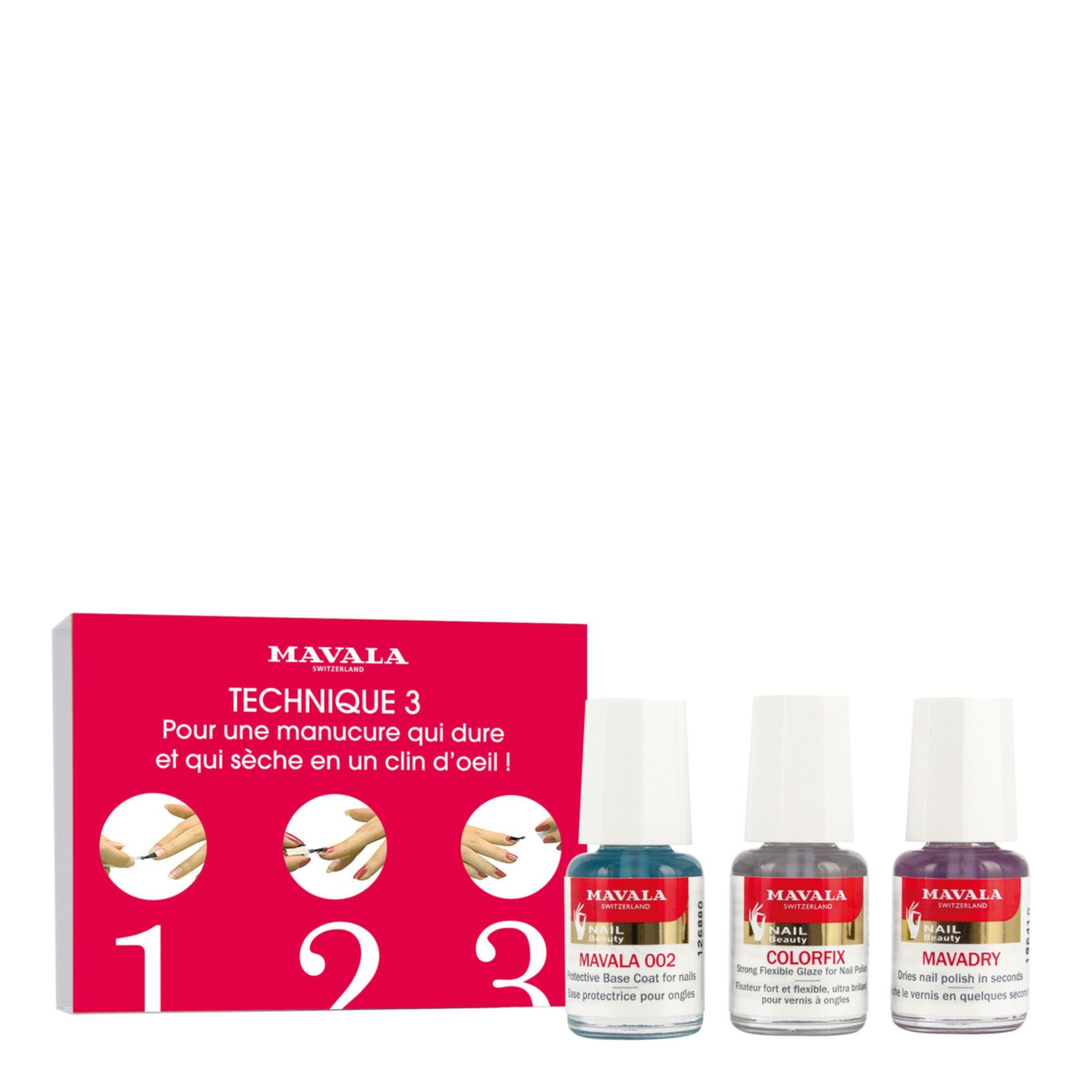 Mavala - Kit Technique 3 Manucure Base Mavala 002 5ml + Fixateur Colorfix 5ml + Sèche Vernis Mavadry 5ml