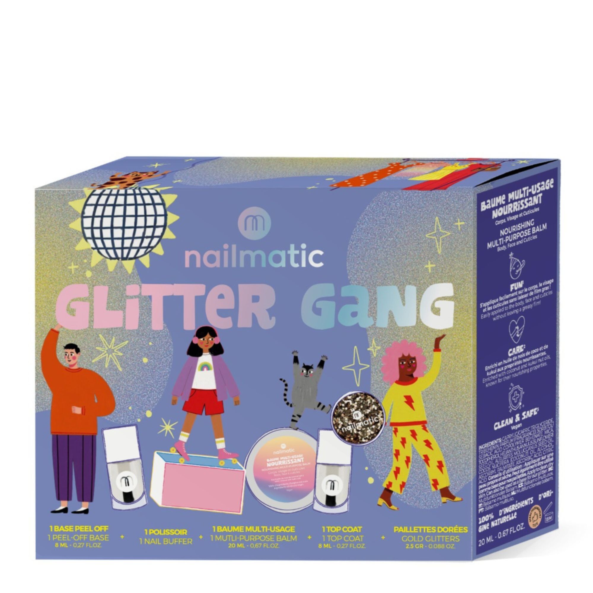 Nailmatic - Coffret Glitter Gang Base Peel-off, Polissoir, Baume Multi-usage, Top Coat & Paillettes
