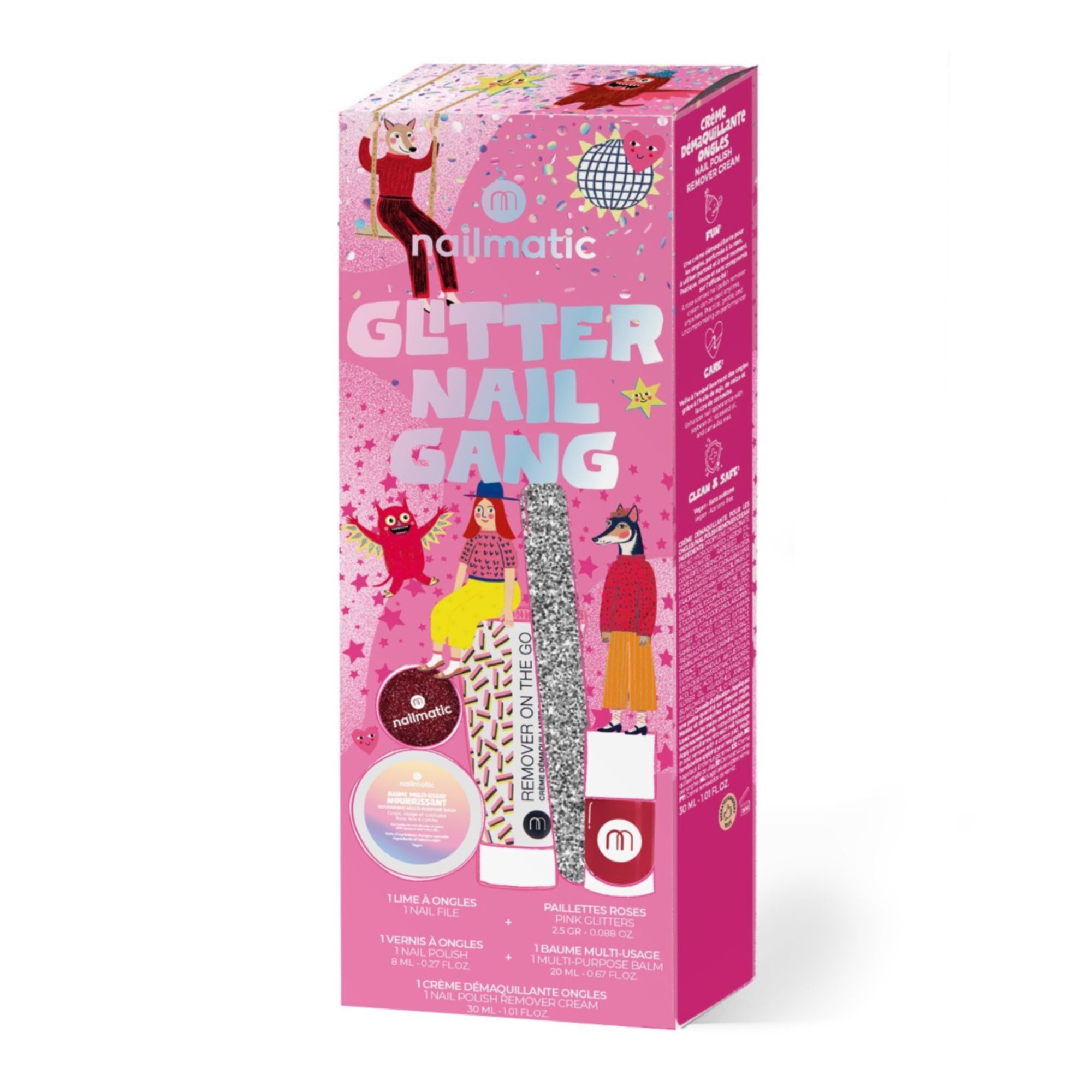 Nailmatic - Coffret Glitter Nail Gang Lime À Ongles, Paillettes, Vernis À Ongles, Baume Multi-usage & Crème Démaquillante Ongles