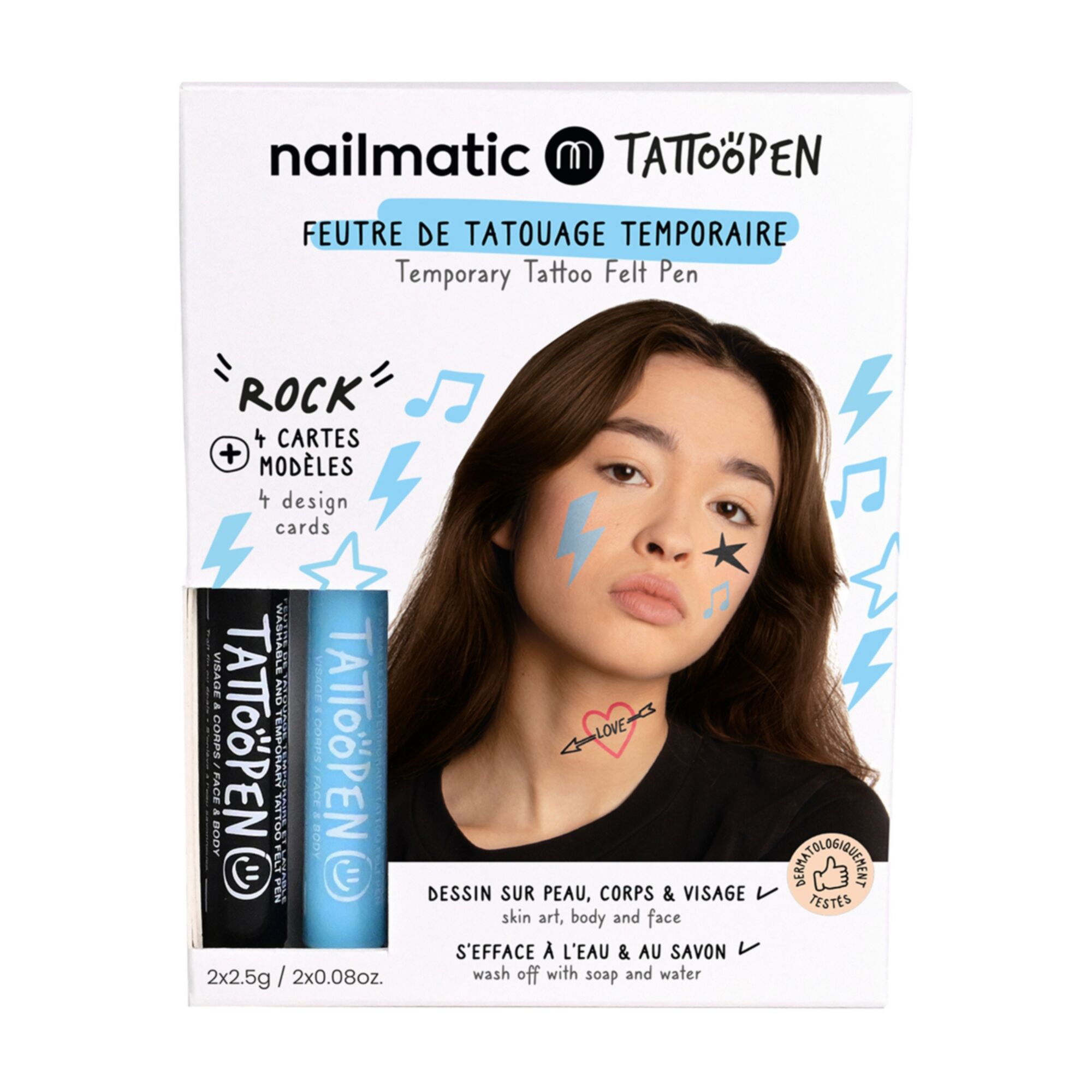 Nailmatic - Coffret Duo Tattoopen 2 Feutres Tatouage Temporaire & 4 Cartes Modèles Rock