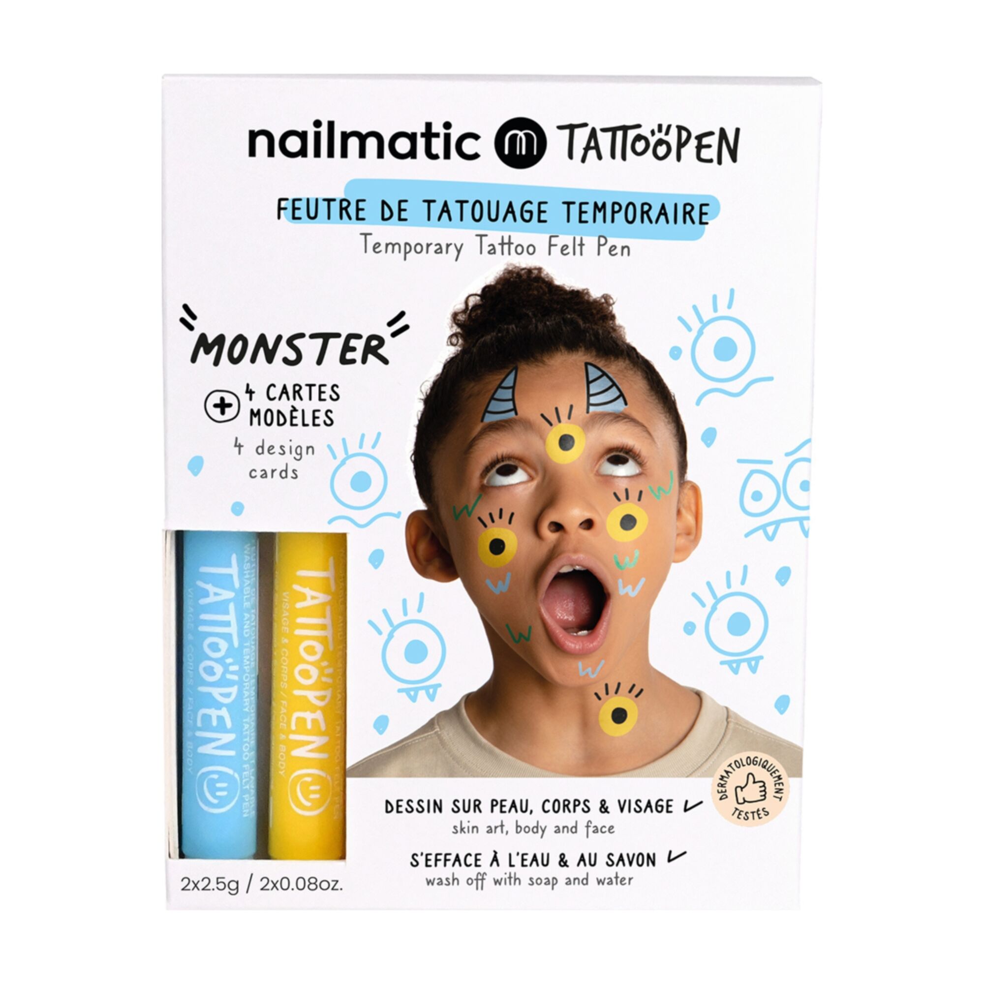 Nailmatic - Coffret Duo Tattoopen 2 Feutres Tatouage Temporaire & 4 Cartes Modèles Monster