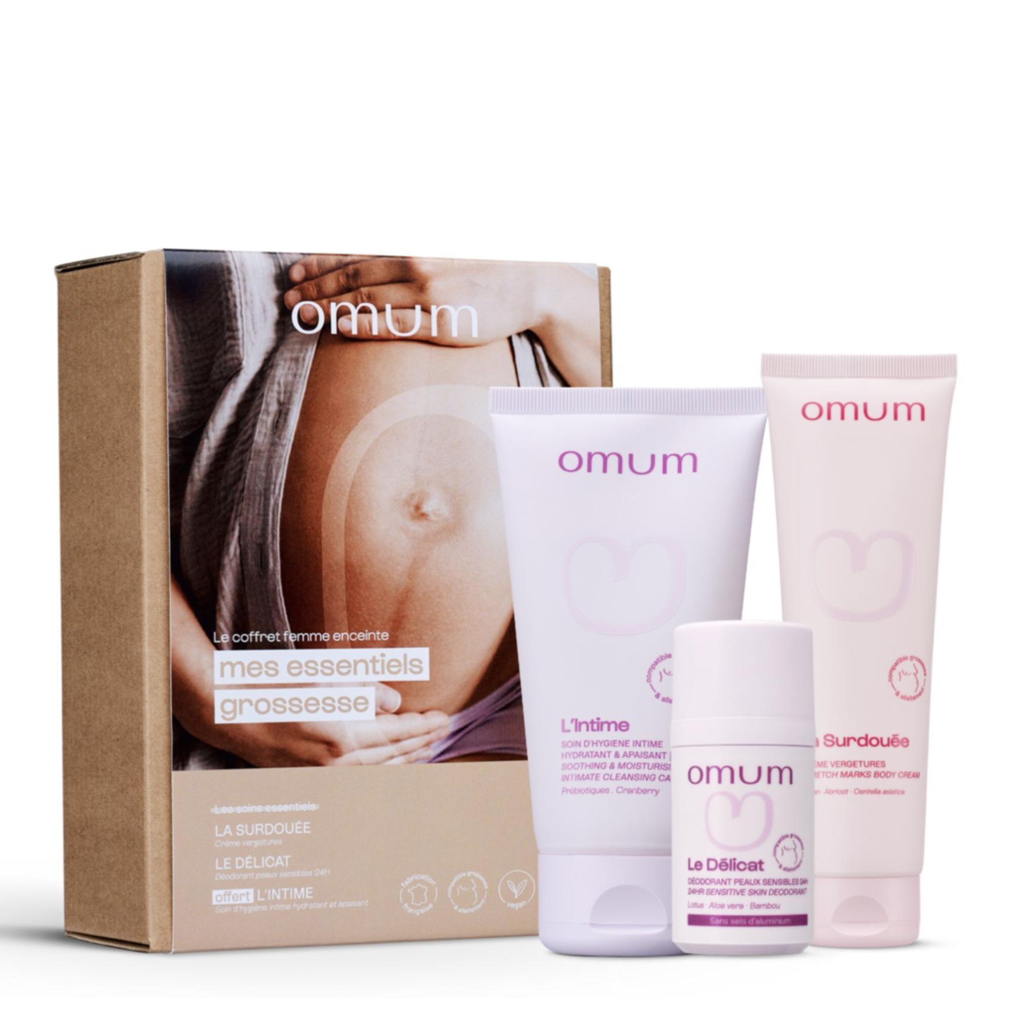 Omum - Coffret Essentiels Grossesse Crème Vergetures, Déodorant & Soin D'hygiène Intime