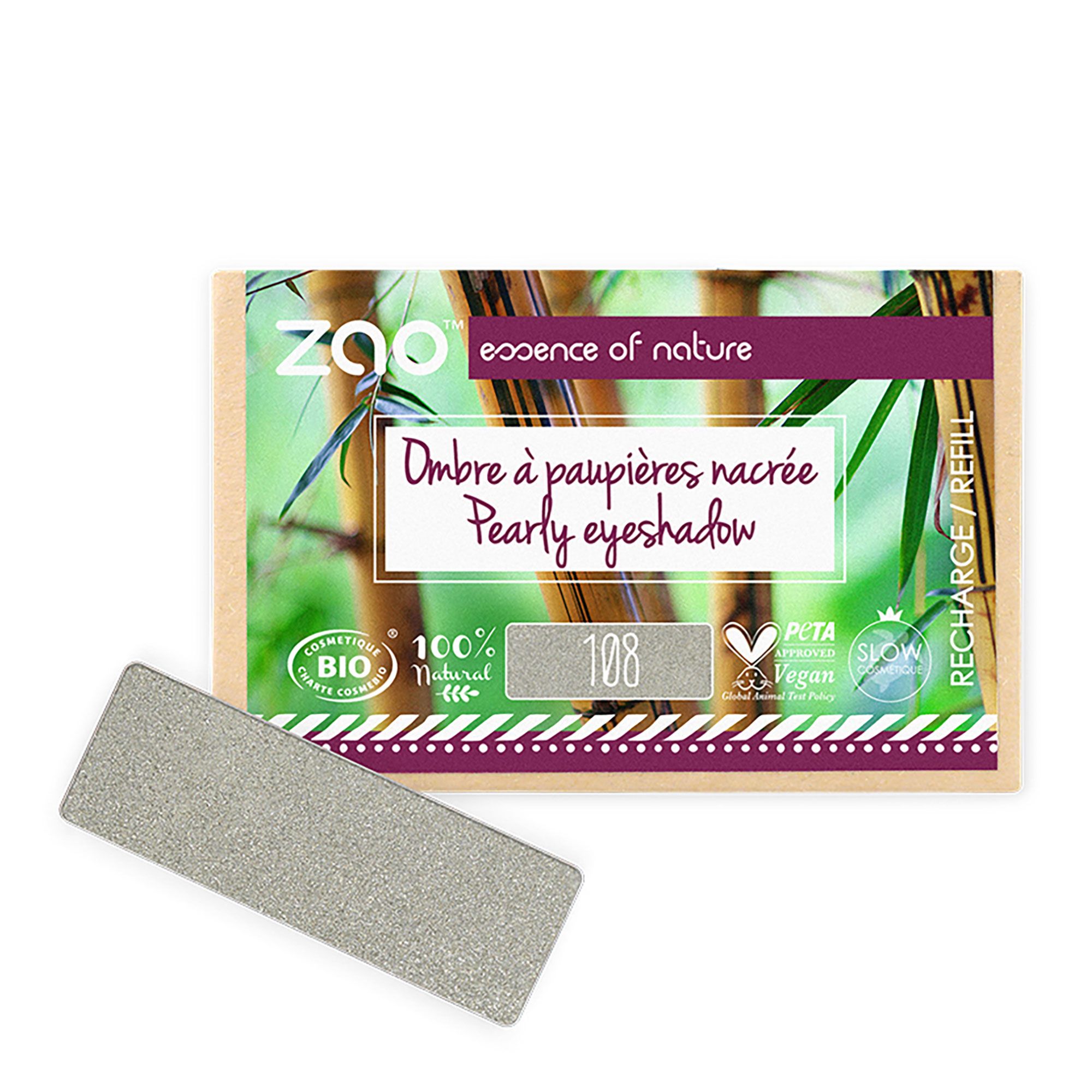 Zao Makeup - Recharge Ombre À Paupières Rectangle Nacrée Bio, Vegan & Rechargeable Gris Vert