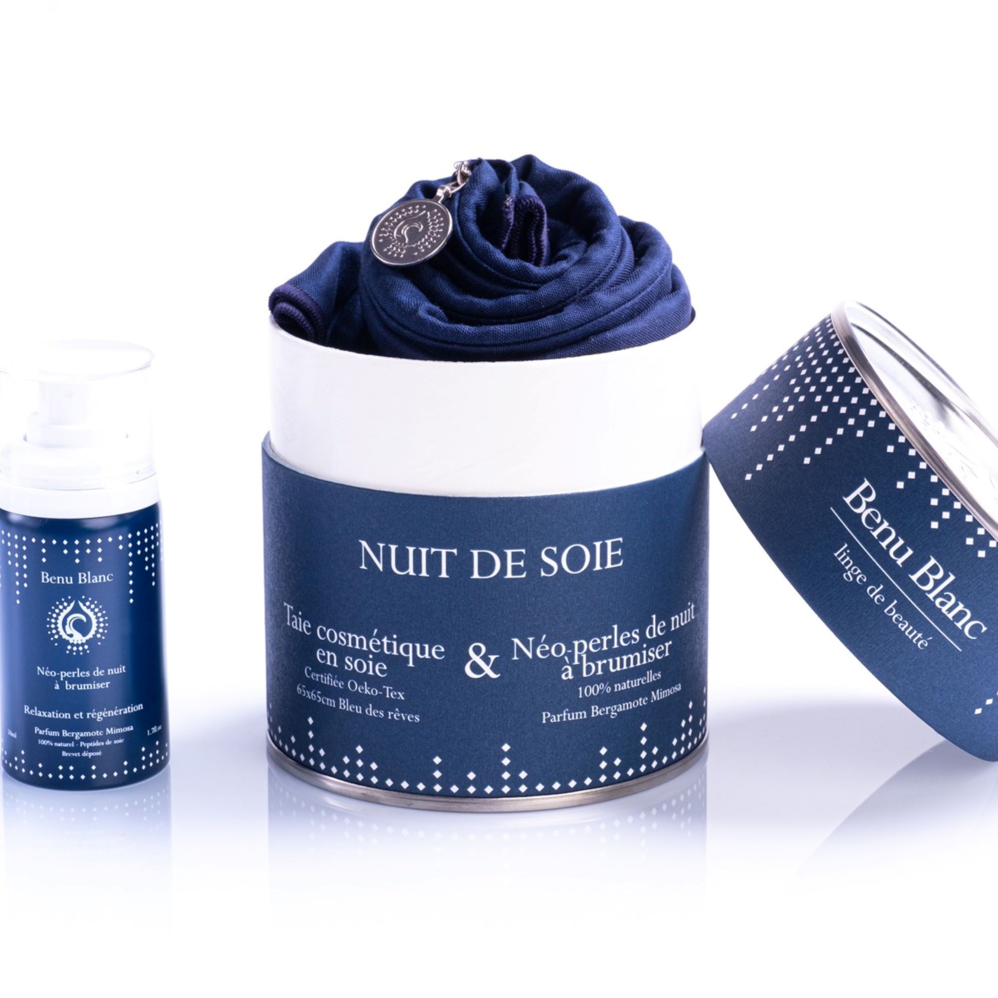 Benu Blanc - Nuit De Soie Taie D'oreiller Soie Carrée + Brume Coffret Taie Soie Bleue Carrée + Brume 50ml