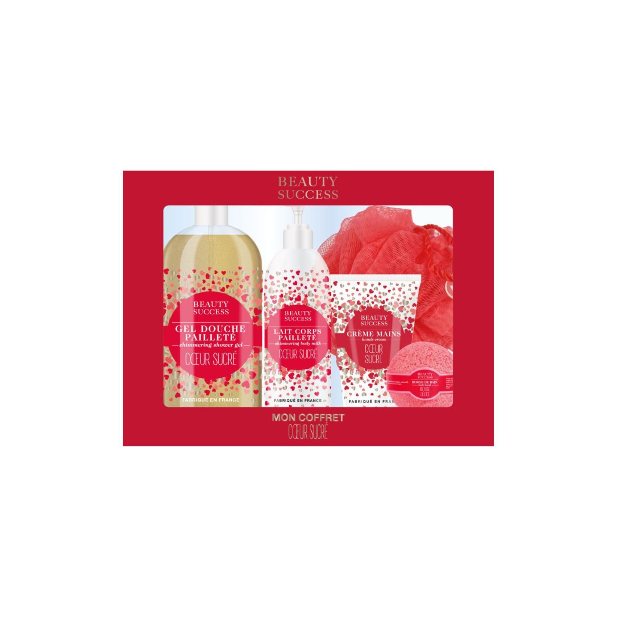 Beauty Success - Mon Coffret Cœur Sucré Gel Douche, Lait Corps, Crème Mains, Bombe Bain & Fleur Massage