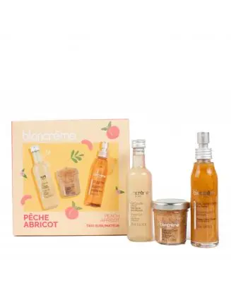 Coffret Trio Sublimateur Pêche & Abricot Gel Douche, Gommage & Huile Sèche Pailletée 