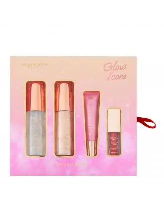 Coffret Glow Icons Spray Fixateur, Highlighter Liquide, Primer Pailleté & Huile à Lèvres 