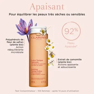 Lotion Tonique Apaisante Aux Extraits de Camomille & Fleur de Safran - Peaux Très Sèches ou Sensibles 200ml - Clarins - Soin - Visuel 4 Lotion Tonique Apaisante Aux Extraits de Camomille & Fleur de Safran - Peaux Très Sèches ou Sensibles 200ml - Clarins - Soin - Visuel 4