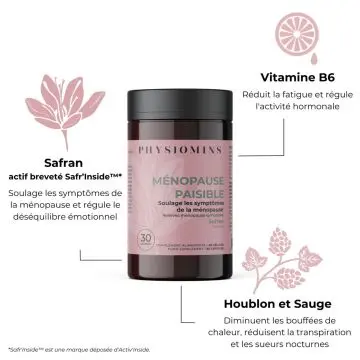 Ménopause Paisible Soulage les Symptômes de la Ménopause 60 Gélules - Physiomins - Soin - Visuel 2 Ménopause Paisible Soulage les Symptômes de la Ménopause 60 Gélules - Physiomins - Soin - Visuel 2