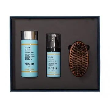 Le Soin Coffret Barbe d'ange : Huile à barbe, Gel Douche 3 en 1 et Brosse à barbe en bois Flacon pompe en verre de 30 mlFlacon capsule twist de 125 ml - Plisson - Soin - Visuel 1