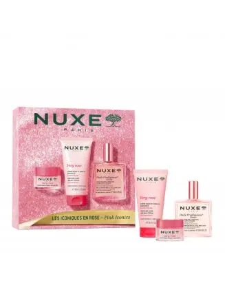 Coffret Les Iconiques en Rose Huile Multi-Fonctions, Crème Mains et Ongles & Baume Lèvres 