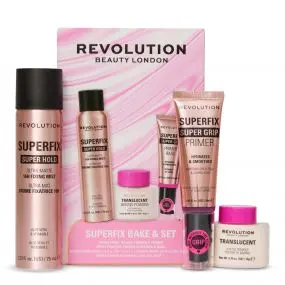 Coffret Superfix Bake & Set Spray Fixateur, Poudre Fixante Translucide & Base de Maquillage 