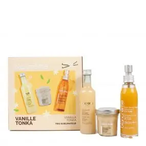 Coffret Trio Sublimateur Vanille & Tonka Gel Douche, Gommage & Huile Sèche Pailletée 