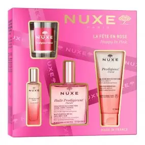 Coffret La Fête en Rose Huile Sèche Multi-Fonctions, Gel Douche, Parfum & Bougie 
