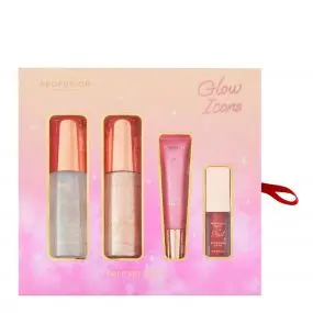 Coffret Glow Icons Spray Fixateur, Highlighter Liquide, Primer Pailleté & Huile à Lèvres