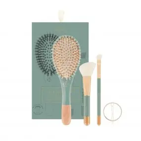 Coffret Les essentiels Eucalyptus Brosse sanglier/nylon + pinceau blush + pinceau paupières biseauté + barrette ronde  + pochette coton 