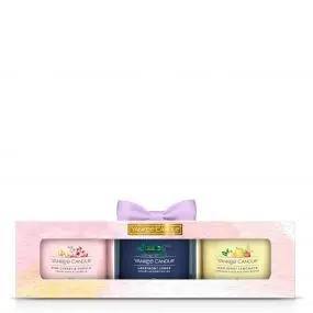 Coffret Signature 3 Votives en Verre Cerise Rose Vanille, Chalet au Bord du Lac & Limonade aux Baies Rouges