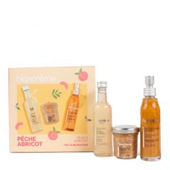 Coffret Trio Sublimateur Pêche & Abricot Gel Douche, Gommage & Huile Sèche Pailletée 
