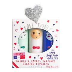 Coffret Trio Love Family Baumes à lèvres - Vanille-coco, Pomme, Barbe à papa Stick 3x 3,5gr