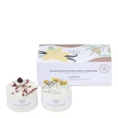 Duo de bougies fleuries et parfumées - Le gourmand Coffret duo de bougies fleuries 80g – Parfums Dimanche gourmand et Vanille 