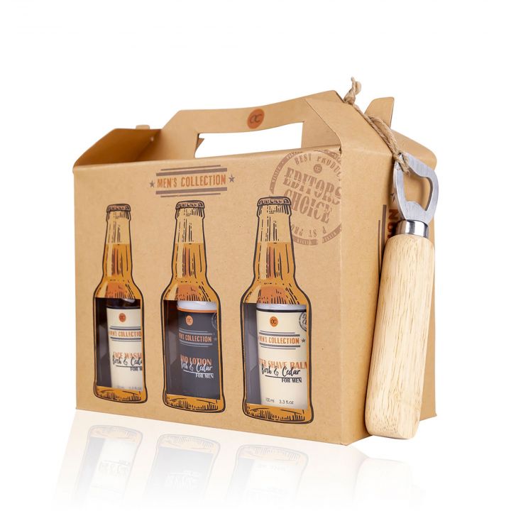 Coffret Men's Collection Gel Douche, Shampoing, Crème Mains, Baume Après-Rasage, Savon Visage, Crème Visage & Ouvre-Bouteille  - Tentation - Soin - Visuel 1