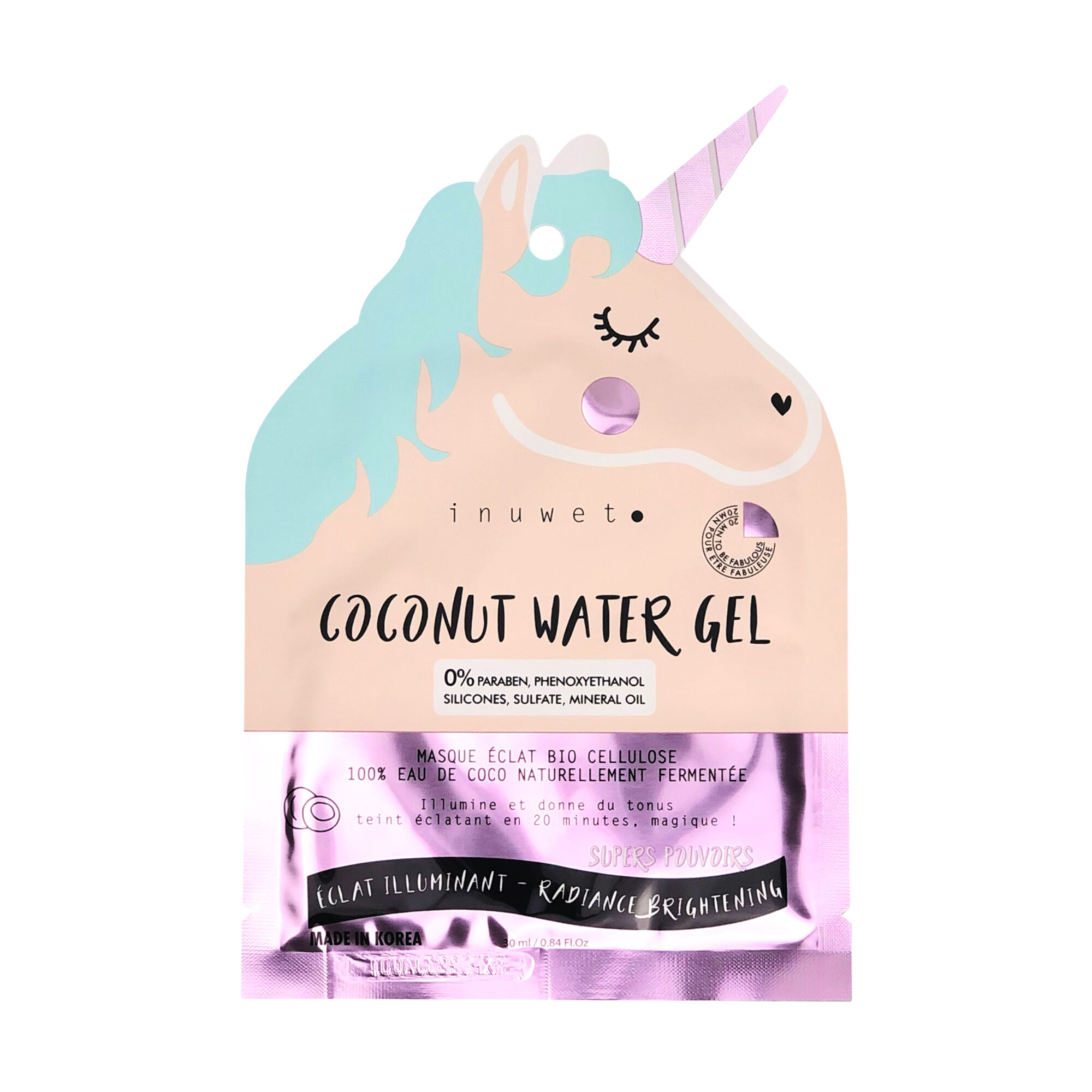 Inuwet - Masque Visage Éclat Illuminant, Bio Cellulose, 100% Eau De Coco Naturellement Fermentée Masque Éclat Sachet