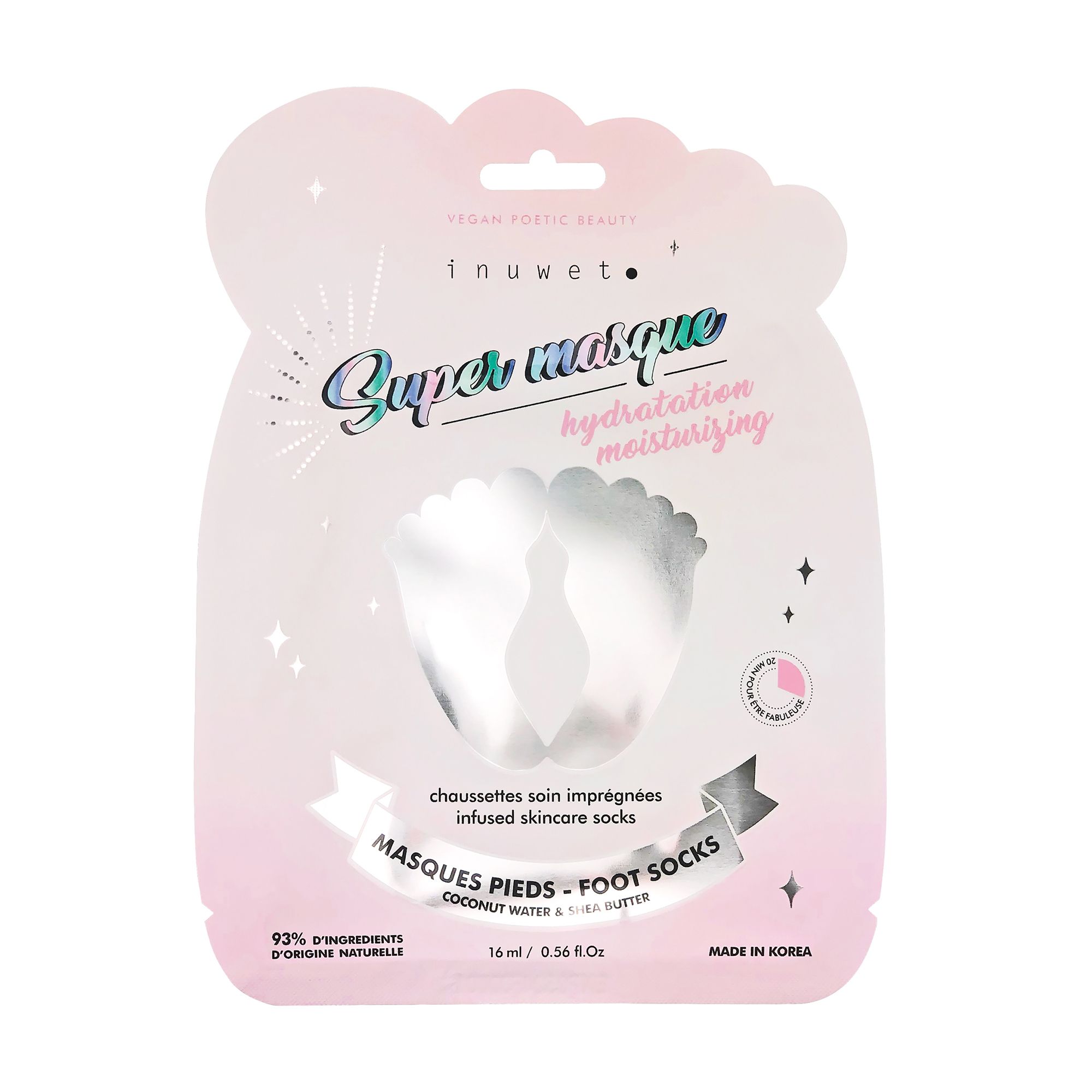 Inuwet - Masque Pieds Hydratant Chaussettes Pré-imprégnées Hydratantes Pour Les Pieds Unidose 16 Ml