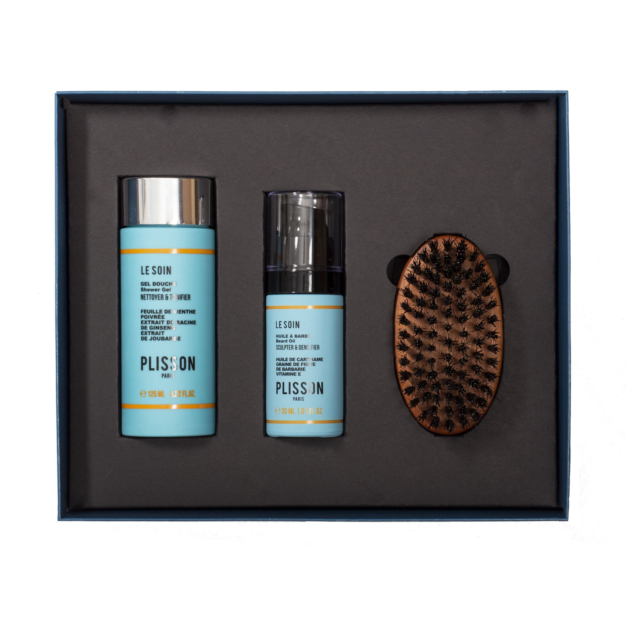 Plisson - Le Soin Coffret Barbe D'ange : Huile À Barbe, Gel Douche 3 En 1 Et Brosse À Barbe En Bois Flacon Pompe En Verre De 30 Mlflacon Capsule Twist De 125 Ml